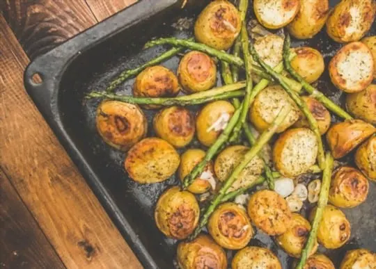 roasted potatoes and asparagus