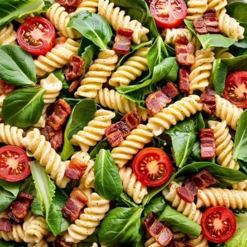 A top-down view of a fresh pasta salad in a white ceramic bowl. The salad consists of spiral-shaped yellow fusilli pasta mixed with fresh green spinach leaves and halved red cherry tomatoes. Crispy bacon pieces are scattered throughout the dish. The salad is garnished with fresh basil leaves. The bowl is placed on a light gray marble surface. In the background, there are whole red tomatoes and additional fresh spinach leaves. The lighting is bright and natural, creating subtle shadows beneath the bowl. The composition is shot with a shallow depth of field, focusing on the vibrant colors and textures of the salad ingredients.