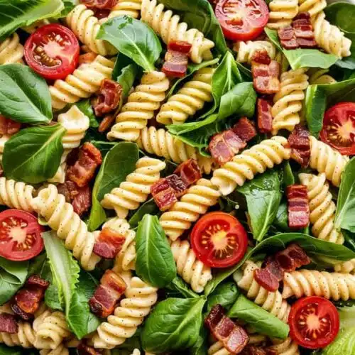 A top-down view of a fresh pasta salad in a white ceramic bowl. The salad consists of spiral-shaped yellow fusilli pasta mixed with fresh green spinach leaves and halved red cherry tomatoes. Crispy bacon pieces are scattered throughout the dish. The salad is garnished with fresh basil leaves. The bowl is placed on a light gray marble surface. In the background, there are whole red tomatoes and additional fresh spinach leaves. The lighting is bright and natural, creating subtle shadows beneath the bowl. The composition is shot with a shallow depth of field, focusing on the vibrant colors and textures of the salad ingredients.