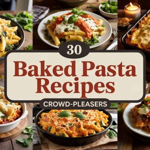 A photograph of a vibrant collage featuring six bubbling baked pasta dishes arranged artfully on a rustic wooden table. Each dish—baked ziti, spinach and ricotta stuffed shells, buffalo chicken pasta bake, baked Alfredo penne, veggie lasagna, and cheesy taco pasta—is showcased in varying states of baking, revealing golden-brown cheese, crispy edges, and saucy layers, accented by scattered fresh herbs. Centered across the collage is a semi-transparent charcoal banner displaying the text “30” in bold white font, followed by “BAKED PASTA RECIPES” in deep red with a light cream outline, and “CROWD-PLEASERS” in smaller gold-toned text below. Warm, ambient lighting highlights the comfort and indulgence of each dish, with soft shadows emphasizing the textures and creating a cozy, inviting atmosphere.