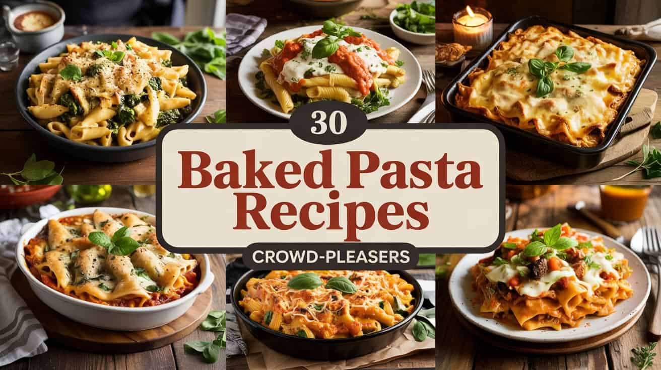A photograph of a vibrant collage featuring six bubbling baked pasta dishes arranged artfully on a rustic wooden table. Each dish—baked ziti, spinach and ricotta stuffed shells, buffalo chicken pasta bake, baked Alfredo penne, veggie lasagna, and cheesy taco pasta—is showcased in varying states of baking, revealing golden-brown cheese, crispy edges, and saucy layers, accented by scattered fresh herbs. Centered across the collage is a semi-transparent charcoal banner displaying the text “30” in bold white font, followed by “BAKED PASTA RECIPES” in deep red with a light cream outline, and “CROWD-PLEASERS” in smaller gold-toned text below. Warm, ambient lighting highlights the comfort and indulgence of each dish, with soft shadows emphasizing the textures and creating a cozy, inviting atmosphere.