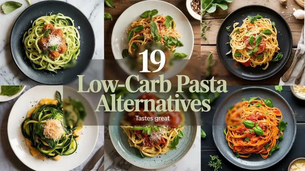 A photograph of a meticulously arranged collage featuring six vibrant low-carb pasta dishes, each showcasing unique vegetable-based alternatives like zucchini noodles, spaghetti squash, and hearts of palm. The dishes are elegantly presented on a variety of surfaces including cool marble, warm light wood, and textured slate, adorned with fresh herbs, grated parmesan, and a sprinkle of chili flakes to enhance their visual appeal. Centrally placed on the collage is a semi-transparent dark green banner displaying the text “19” in bold white, followed by “LOW-CARB PASTA ALTERNATIVES” in leafy green with a soft outline, and the subtle subtext “TASTES GREAT” in pale gray. Soft, natural lighting highlights the textures and colors of the dishes, creating an inviting and appetizing composition.