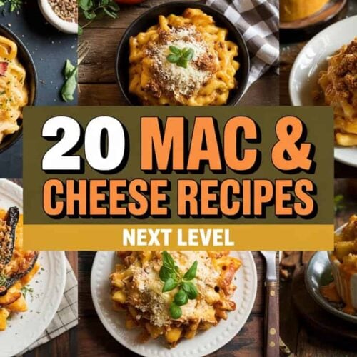 A photograph of a vibrant collage showcasing six decadent mac and cheese dishes, each with distinct and enticing features. The dishes range from skillet bakes with crispy bacon to elegant ramekin portions drizzled with truffle oil, all boasting creamy centers and golden breadcrumb toppings with impressive cheese pulls. Centered within the collage is a rectangular banner with bold white text reading