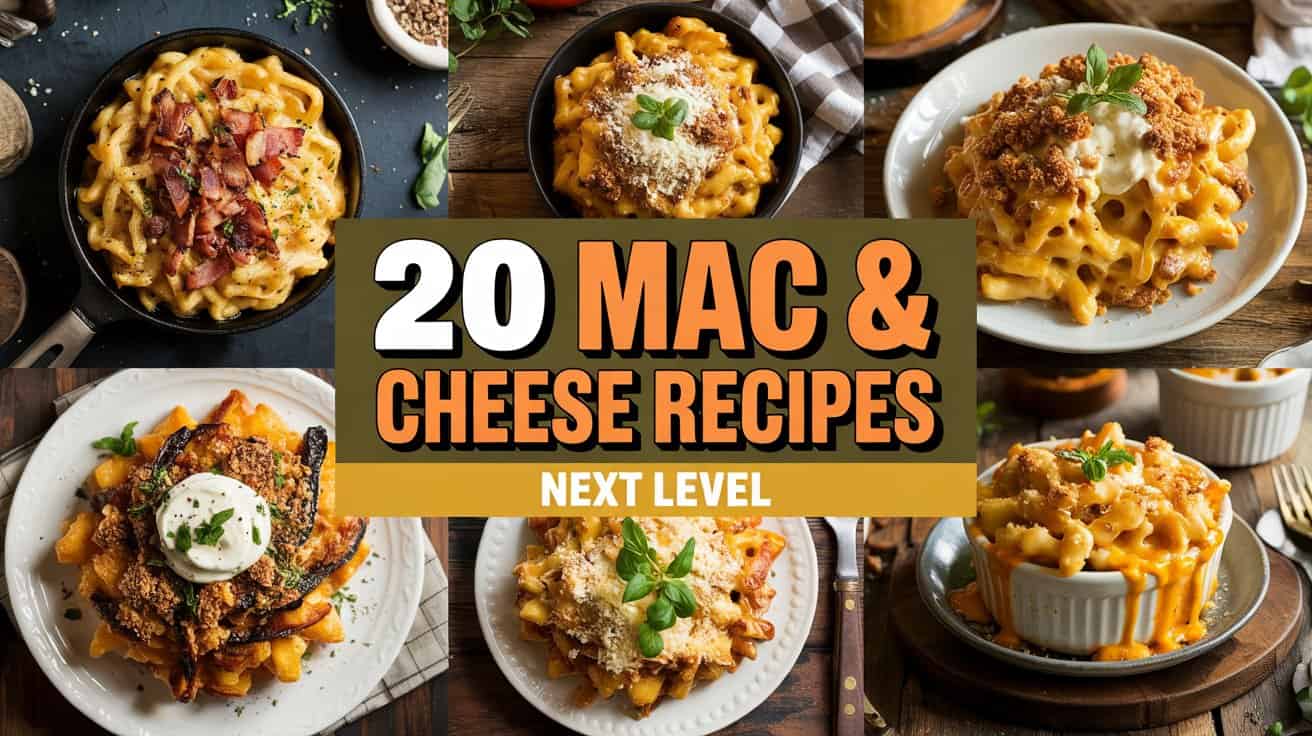 A photograph of a vibrant collage showcasing six decadent mac and cheese dishes, each with distinct and enticing features. The dishes range from skillet bakes with crispy bacon to elegant ramekin portions drizzled with truffle oil, all boasting creamy centers and golden breadcrumb toppings with impressive cheese pulls. Centered within the collage is a rectangular banner with bold white text reading “20” followed by “MAC & CHEESE RECIPES” in golden-orange outlined text and smaller off-white text “NEXT LEVEL”, all displayed on a semi-transparent smoky gray strip. The background features a mix of dark slate, checkered linens, and rustic wood textures, bathed in warm, inviting studio lighting.
