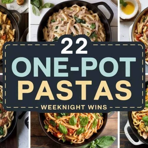 A collage of six cozy, fast-cooking pasta dishes served directly from deep skillets or Dutch ovens. The dishes feature creamy sauces, veggies, and hearty proteins. Recipes include one-pot Alfredo, sausage and spinach penne, tomato basil linguine, and chicken taco pasta. The surfaces include stovetop shots, kitchen counters, and rustic linens with warm, golden lighting. At the center, a dashed rectangular banner displays bold white text that reads: