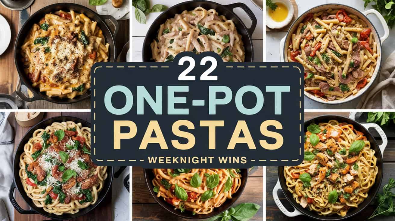 A collage of six cozy, fast-cooking pasta dishes served directly from deep skillets or Dutch ovens. The dishes feature creamy sauces, veggies, and hearty proteins. Recipes include one-pot Alfredo, sausage and spinach penne, tomato basil linguine, and chicken taco pasta. The surfaces include stovetop shots, kitchen counters, and rustic linens with warm, golden lighting. At the center, a dashed rectangular banner displays bold white text that reads: “22”, followed by soft blue text with a charcoal outline that says “ONE-POT PASTAS”, and smaller pale yellow subtext that reads: “WEEKNIGHT WINS”, all set on a semi-transparent midnight blue strip.