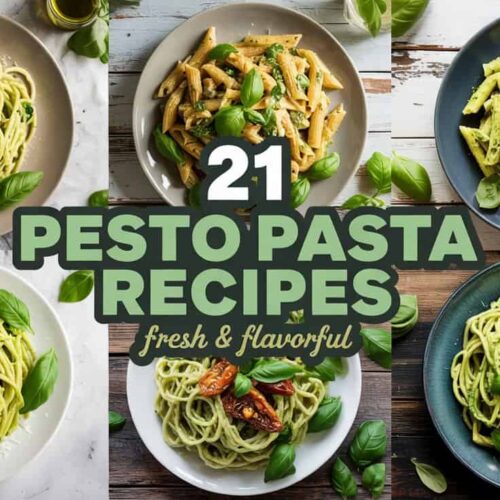 A photograph of a meticulously styled collage showcasing six vibrant pesto pasta dishes arranged on neutral ceramic plates and rustic white wood. Each plate features a distinct recipe including classic basil pesto pasta, roasted veggie pesto penne, sun-dried tomato pesto twists, and creamy avocado pesto spaghetti; each adorned with fresh pine nuts, basil leaves, and freshly grated Parmesan cheese. A semi-transparent forest green banner at the center displays bold white text that reads