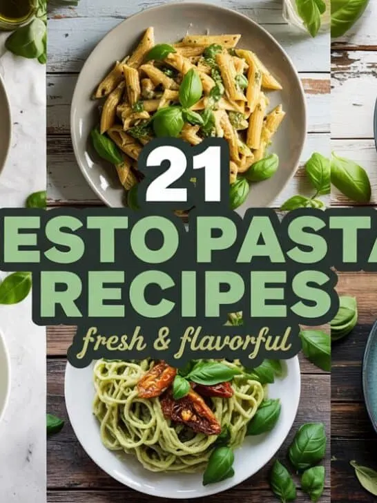 A photograph of a meticulously styled collage showcasing six vibrant pesto pasta dishes arranged on neutral ceramic plates and rustic white wood. Each plate features a distinct recipe including classic basil pesto pasta, roasted veggie pesto penne, sun-dried tomato pesto twists, and creamy avocado pesto spaghetti; each adorned with fresh pine nuts, basil leaves, and freshly grated Parmesan cheese. A semi-transparent forest green banner at the center displays bold white text that reads “21”, followed by emerald green text with a white outline that says “PESTO PASTA RECIPES”, and smaller pale yellow subtext that reads “FRESH & FLAVORFUL”. Soft, diffused natural light illuminates the scene, creating inviting shadows and highlighting the rich textures and vibrant colors of the pasta and toppings.