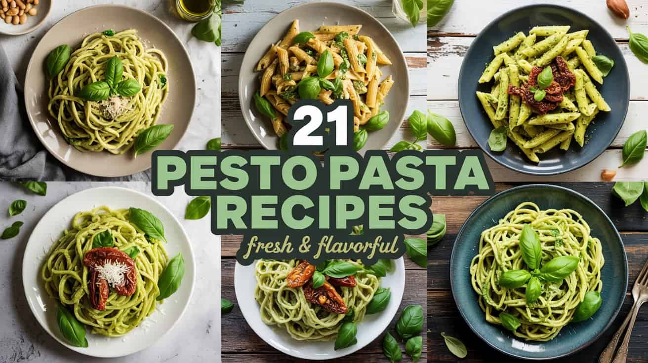 A photograph of a meticulously styled collage showcasing six vibrant pesto pasta dishes arranged on neutral ceramic plates and rustic white wood. Each plate features a distinct recipe including classic basil pesto pasta, roasted veggie pesto penne, sun-dried tomato pesto twists, and creamy avocado pesto spaghetti; each adorned with fresh pine nuts, basil leaves, and freshly grated Parmesan cheese. A semi-transparent forest green banner at the center displays bold white text that reads “21”, followed by emerald green text with a white outline that says “PESTO PASTA RECIPES”, and smaller pale yellow subtext that reads “FRESH & FLAVORFUL”. Soft, diffused natural light illuminates the scene, creating inviting shadows and highlighting the rich textures and vibrant colors of the pasta and toppings.