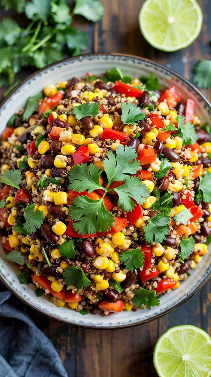 A vibrant Mexican-style quinoa salad photographed from above on a dark gray ceramic plate. The salad contains black beans, yellow corn kernels, diced red bell peppers, and fresh green cilantro leaves scattered throughout. Large fresh cilantro sprigs are placed decoratively on top of the salad. Two lime wedges are positioned at the top right corner of the frame, with their bright green flesh visible. The salad is served on a rustic dark wooden surface. A blue-gray linen napkin is partially visible in the bottom left corner. The lighting is bright and natural, highlighting the various textures and colors of the ingredients. The composition is shot in a square format with professional food photography styling.