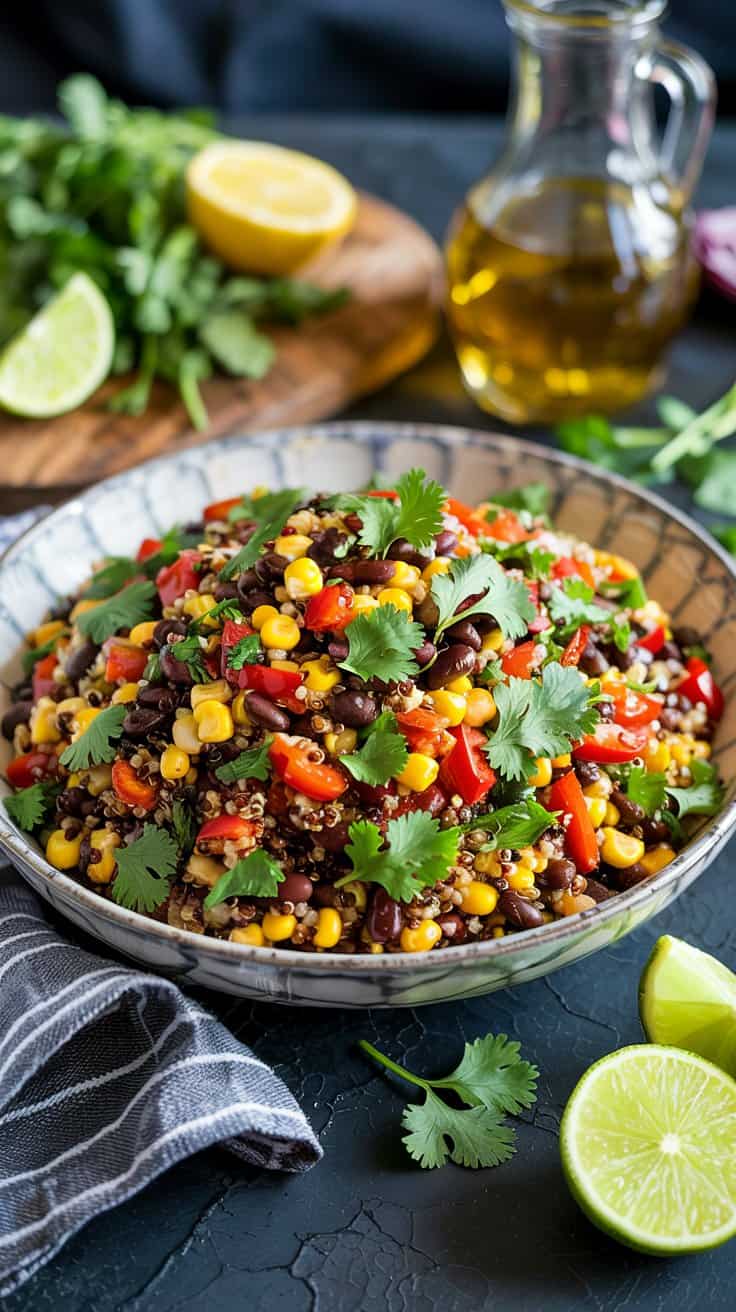 A high-quality food photography shot of a Mexican-inspired quinoa salad in a gray and white marbled ceramic bowl. The salad contains black beans, yellow corn kernels, red cherry tomatoes, and fresh green cilantro leaves scattered throughout. The bowl is positioned on a dark textured surface. In the background, there is a wooden cutting board with fresh green cilantro leaves and halved bright yellow lemons. A clear glass oil bottle containing golden olive oil is partially visible in the upper right corner. A gray and white striped kitchen towel is draped on the left side of the frame. The lighting is bright and natural, creating subtle shadows that add depth to the composition. The image has a shallow depth of field, with the salad in sharp focus while the background elements are slightly blurred.