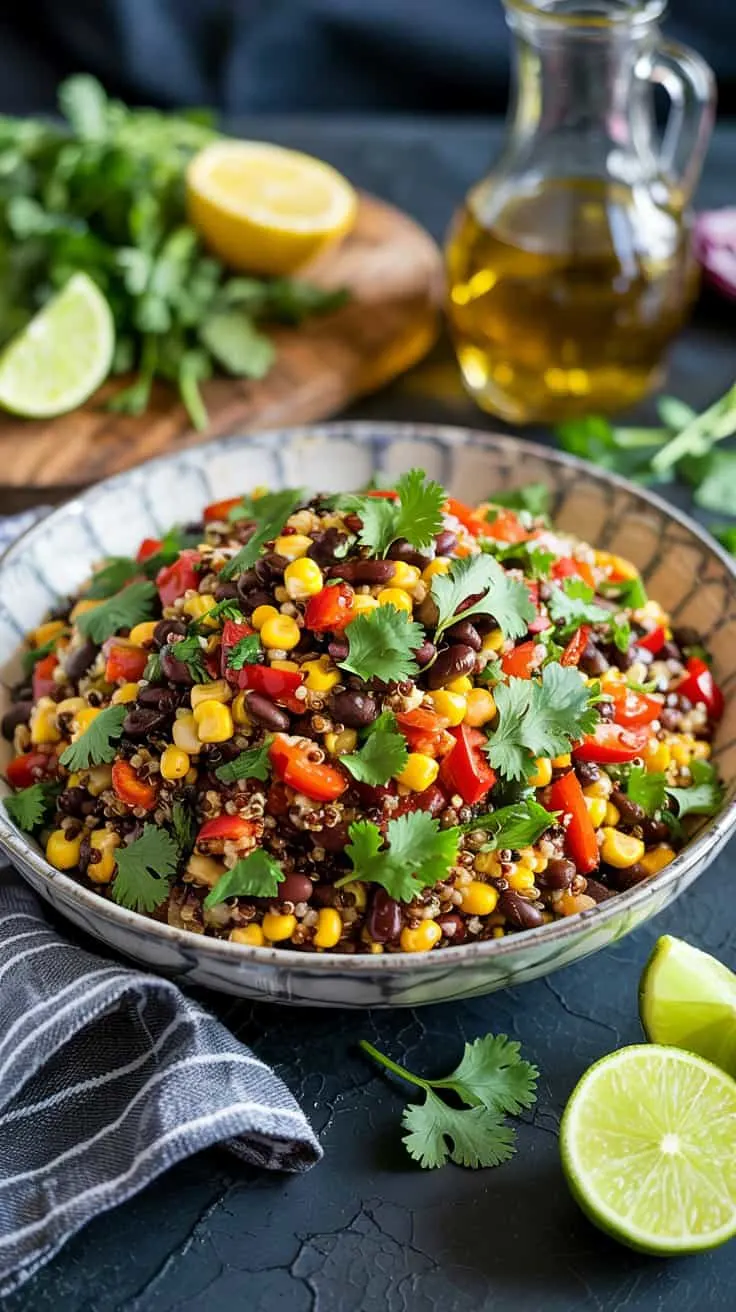 A high-quality food photography shot of a Mexican-inspired quinoa salad in a gray and white marbled ceramic bowl. The salad contains black beans, yellow corn kernels, red cherry tomatoes, and fresh green cilantro leaves scattered throughout. The bowl is positioned on a dark textured surface. In the background, there is a wooden cutting board with fresh green cilantro leaves and halved bright yellow lemons. A clear glass oil bottle containing golden olive oil is partially visible in the upper right corner. A gray and white striped kitchen towel is draped on the left side of the frame. The lighting is bright and natural, creating subtle shadows that add depth to the composition. The image has a shallow depth of field, with the salad in sharp focus while the background elements are slightly blurred.