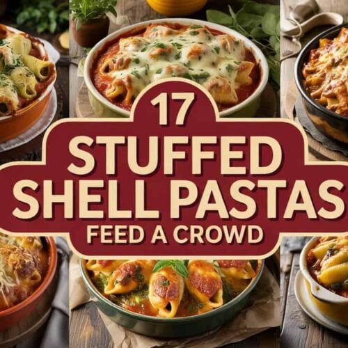 A photograph of a vibrant collage showcasing six hearty, cheesy stuffed shell casseroles arranged on a rustic wooden table. Each casserole is baked to a golden perfection, generously overflowing with ricotta, spinach, marinara, or savory meat sauces, highlighting visible bubbling cheese and fresh herbs. A central banner displays the text "17" in bold white, followed by "STUFFED SHELL PASTAS" in deep red with a cream outline, and "FEED A CROWD" in smaller golden beige lettering, all presented on a semi-transparent warm charcoal strip. Soft, diffused lighting illuminates the scene, emphasizing the rich textures and inviting aromas of the delicious pasta dishes.
