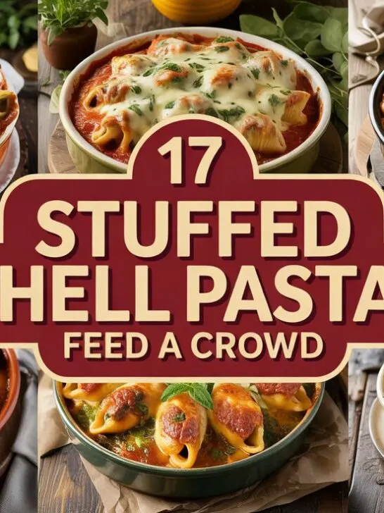 A photograph of a vibrant collage showcasing six hearty, cheesy stuffed shell casseroles arranged on a rustic wooden table. Each casserole is baked to a golden perfection, generously overflowing with ricotta, spinach, marinara, or savory meat sauces, highlighting visible bubbling cheese and fresh herbs. A central banner displays the text 