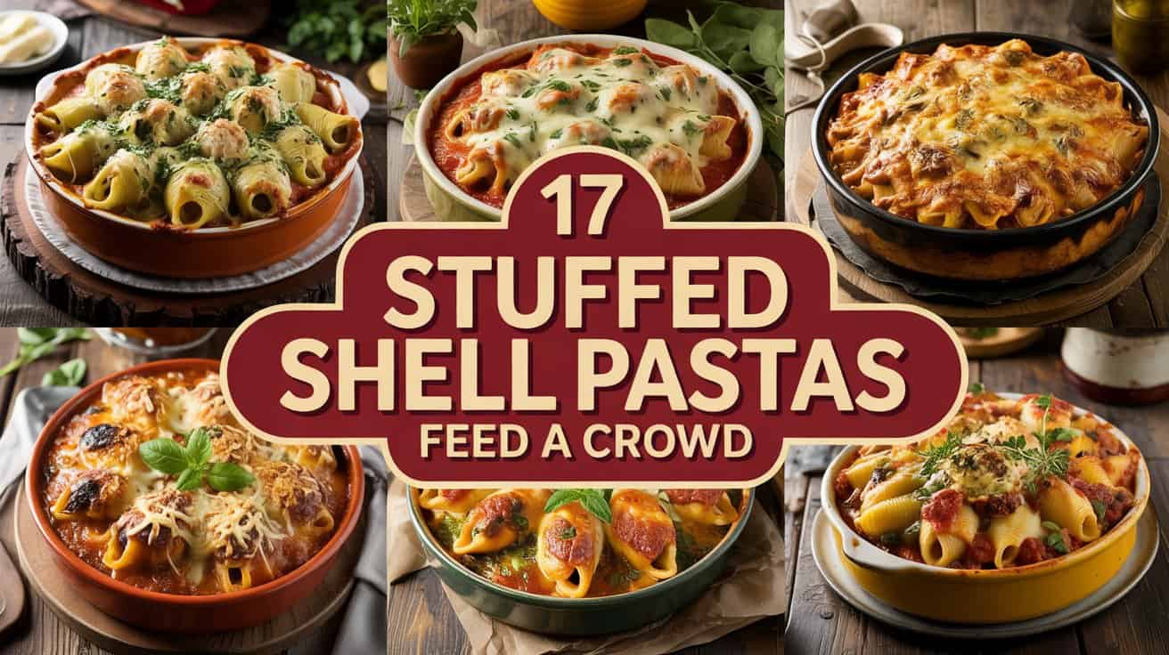 A photograph of a vibrant collage showcasing six hearty, cheesy stuffed shell casseroles arranged on a rustic wooden table. Each casserole is baked to a golden perfection, generously overflowing with ricotta, spinach, marinara, or savory meat sauces, highlighting visible bubbling cheese and fresh herbs. A central banner displays the text "17" in bold white, followed by "STUFFED SHELL PASTAS" in deep red with a cream outline, and "FEED A CROWD" in smaller golden beige lettering, all presented on a semi-transparent warm charcoal strip. Soft, diffused lighting illuminates the scene, emphasizing the rich textures and inviting aromas of the delicious pasta dishes.