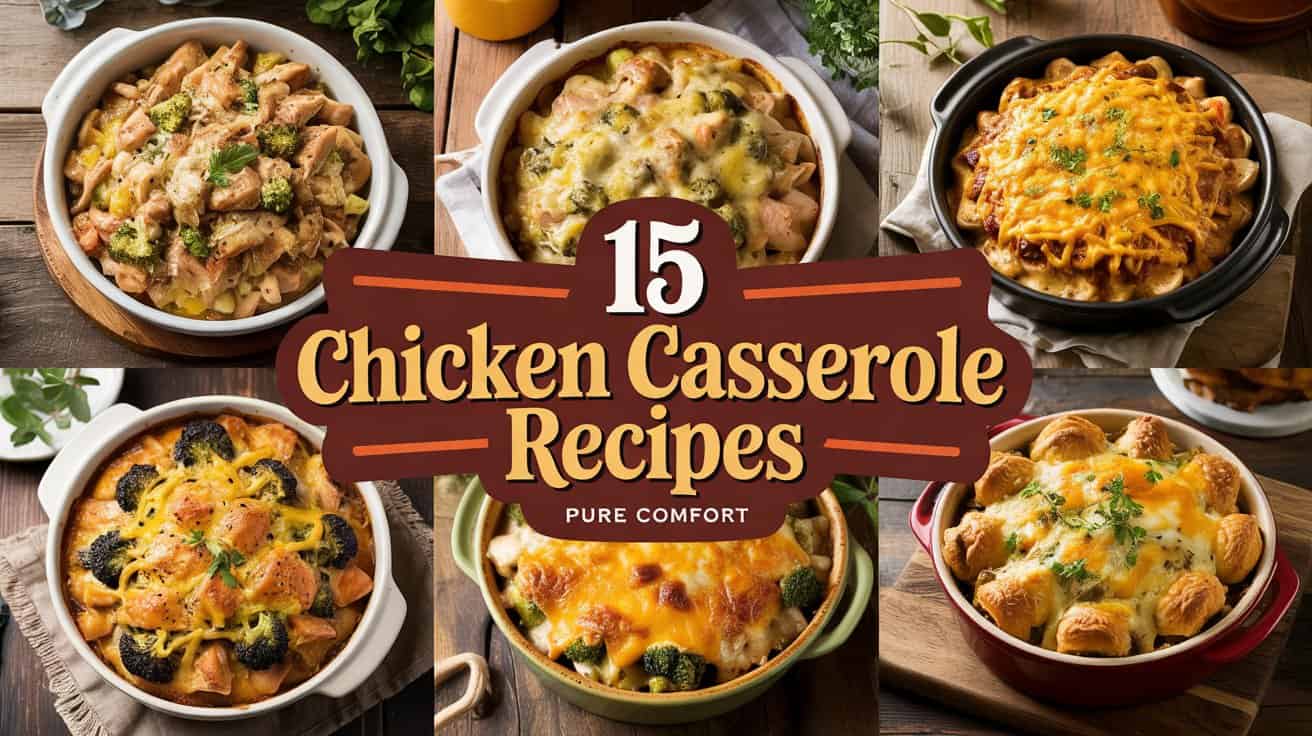 A photograph of a vibrant collage showcasing six distinct chicken casseroles, each presented in rustic bakeware and viewed from a bird's-eye perspective to emphasize their textures. Each casserole displays a unique filling - creamy chicken and rice, broccoli cheddar, enchilada, and pot pie variations - all topped with golden-brown, bubbling cheese. Arranged on a warm wooden surface with linen accents, the center features a semi-transparent deep brown banner displaying "15" in bold white lettering followed by “CHICKEN CASSEROLE RECIPES” in golden-yellow script with an orange outline, and the tagline "PURE COMFORT" in smaller off-white text below. Soft, diffused lighting highlights the comforting warmth of the scene, creating a cozy and inviting atmosphere.