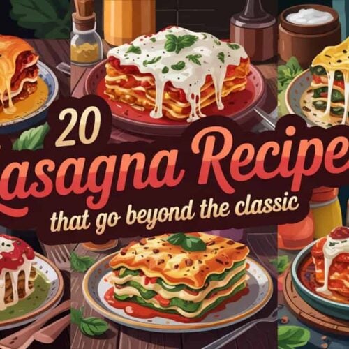 A photorealistic food collage showcasing six distinct lasagna variations presented on a rustic wooden table. Each lasagna - classic meat, white chicken, spinach and ricotta, taco, zucchini, and seafood Alfredo - is displayed in a slightly angled top-down view, emphasizing bubbling cheese, rich sauces, and layered ingredients, all plated on textured ceramic dishes with stray sauce drips and fresh basil. A semi-transparent deep brown banner is centered, displaying bold white text that reads "20", followed by "LASAGNA RECIPES" in rich red script with a creamy outline and smaller golden yellow text below stating "THAT GO BEYOND THE CLASSIC". Warm, dramatic lighting casts deep shadows, creating a cozy, crave-worthy atmosphere, complemented by a blurred background of kitchen utensils and spice jars.