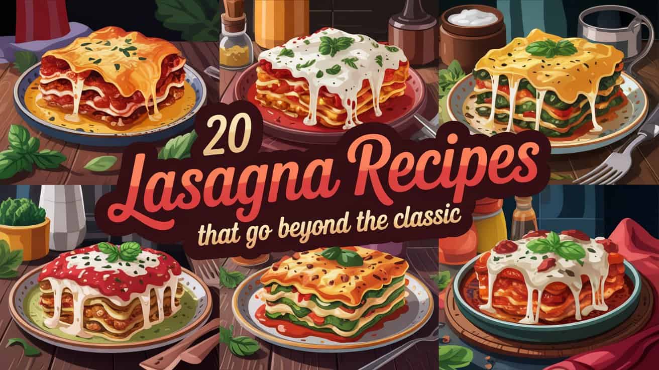 A photorealistic food collage showcasing six distinct lasagna variations presented on a rustic wooden table. Each lasagna – classic meat, white chicken, spinach and ricotta, taco, zucchini, and seafood Alfredo – is displayed in a slightly angled top-down view, emphasizing bubbling cheese, rich sauces, and layered ingredients, all plated on textured ceramic dishes with stray sauce drips and fresh basil. A semi-transparent deep brown banner is centered, displaying bold white text that reads "20", followed by "LASAGNA RECIPES" in rich red script with a creamy outline and smaller golden yellow text below stating "THAT GO BEYOND THE CLASSIC". Warm, dramatic lighting casts deep shadows, creating a cozy, crave-worthy atmosphere, complemented by a blurred background of kitchen utensils and spice jars.