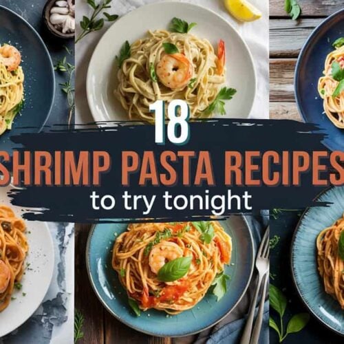 A photograph of a vibrant collage showcasing six distinct shrimp pasta dishes, each presented on unique surfaces like deep slate, weathered wood, and textured blue ceramic. Each plate features a different pasta style - creamy Cajun, lemon garlic orzo, shrimp Alfredo, tomato basil linguine, and Thai-inspired peanut noodles - all artfully garnished with fresh parsley, chili flakes, and lemon slices, emphasizing the bold flavors. A semi-transparent dark navy strip sits at the center, displaying the text