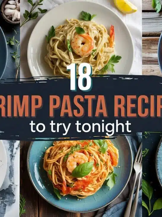 A photograph of a vibrant collage showcasing six distinct shrimp pasta dishes, each presented on unique surfaces like deep slate, weathered wood, and textured blue ceramic. Each plate features a different pasta style – creamy Cajun, lemon garlic orzo, shrimp Alfredo, tomato basil linguine, and Thai-inspired peanut noodles – all artfully garnished with fresh parsley, chili flakes, and lemon slices, emphasizing the bold flavors. A semi-transparent dark navy strip sits at the center, displaying the text “18” in bold white, followed by “SHRIMP PASTA RECIPES” in coral-red with a charcoal outline, and concluding with “TO TRY TONIGHT” in pale aqua subtext. Soft, diffused natural light highlights the bright colors and varied textures of the dishes, creating an appealing, mouthwatering aesthetic.