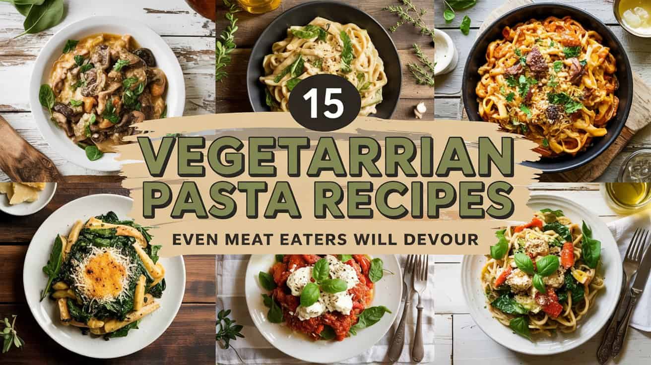 A photograph of a vibrant collage featuring six distinct vegetarian pasta dishes, each presented on different textured surfaces like rustic wood, aged stone, and crisp white tile. In the center, a semi-transparent charcoal strip displays the text "15" in bold white followed by "VEGETARIAN PASTA RECIPES" in deep olive green with a dark outline, and below that, “EVEN MEAT EATERS WILL DEVOUR” in smaller golden beige subtext. The dishes themselves range from creamy mushroom stroganoff to spinach and ricotta stuffed shells, accented with fresh herbs, melted cheese, golden breadcrumbs, and antique silverware; diffused, warm-toned lighting enhances the indulgent, family-friendly feel of the scene. Soft shadows and subtle highlights accentuate the textures and colors, making the dishes appear both comforting and visually appealing.