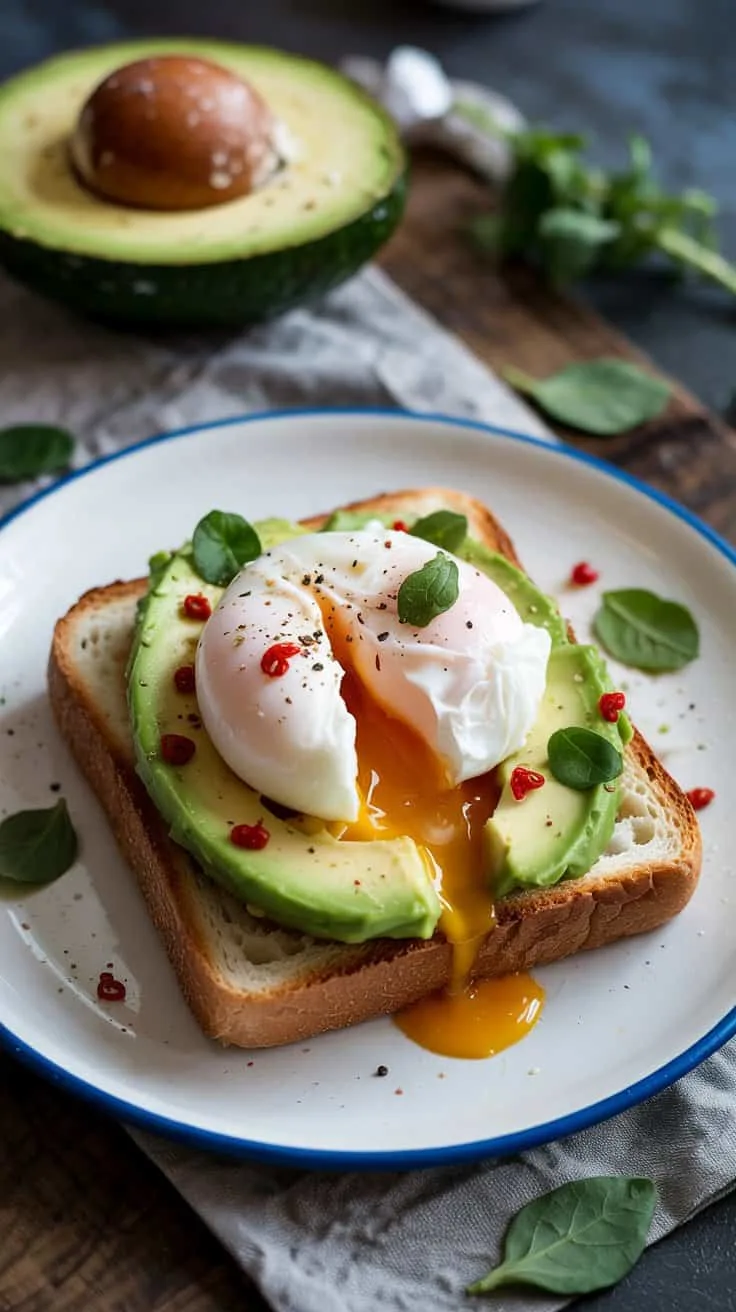 Avocado poached egg toast with chili o