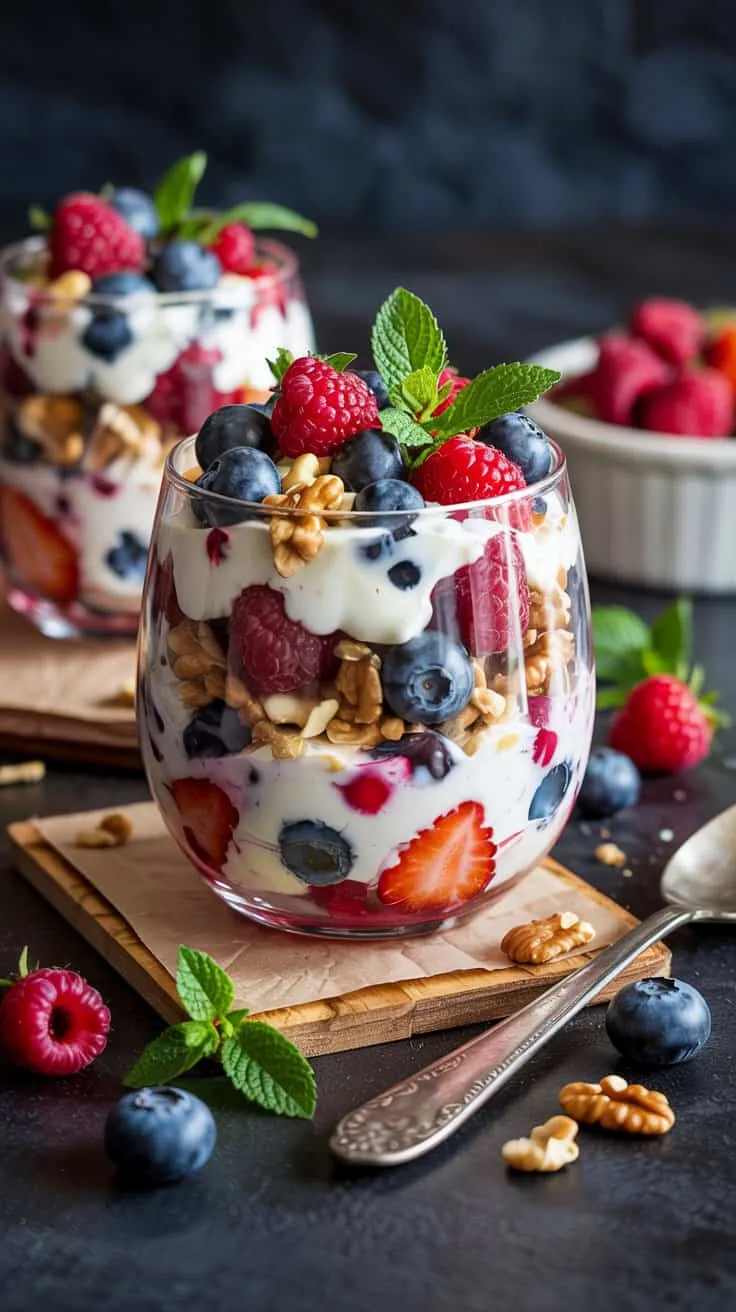 Greek yogurt parfait with berries and mhjkw