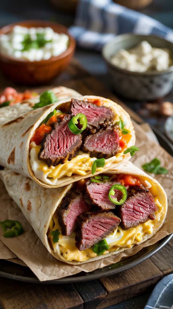 Steak and egg breakfast burrito with qckwspi5g