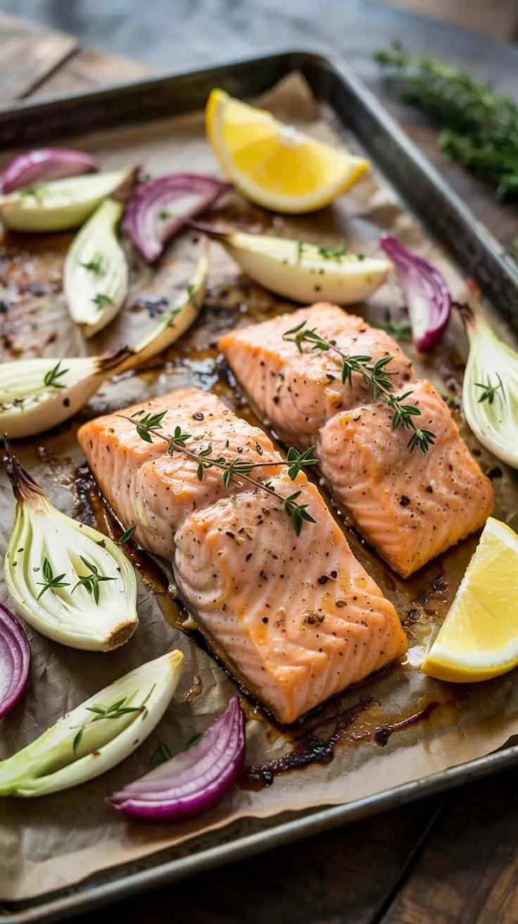 Lemon thyme sheet pan salmon with fen 92pu