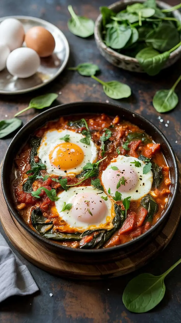 Shakshuka with spinach and feta a ric