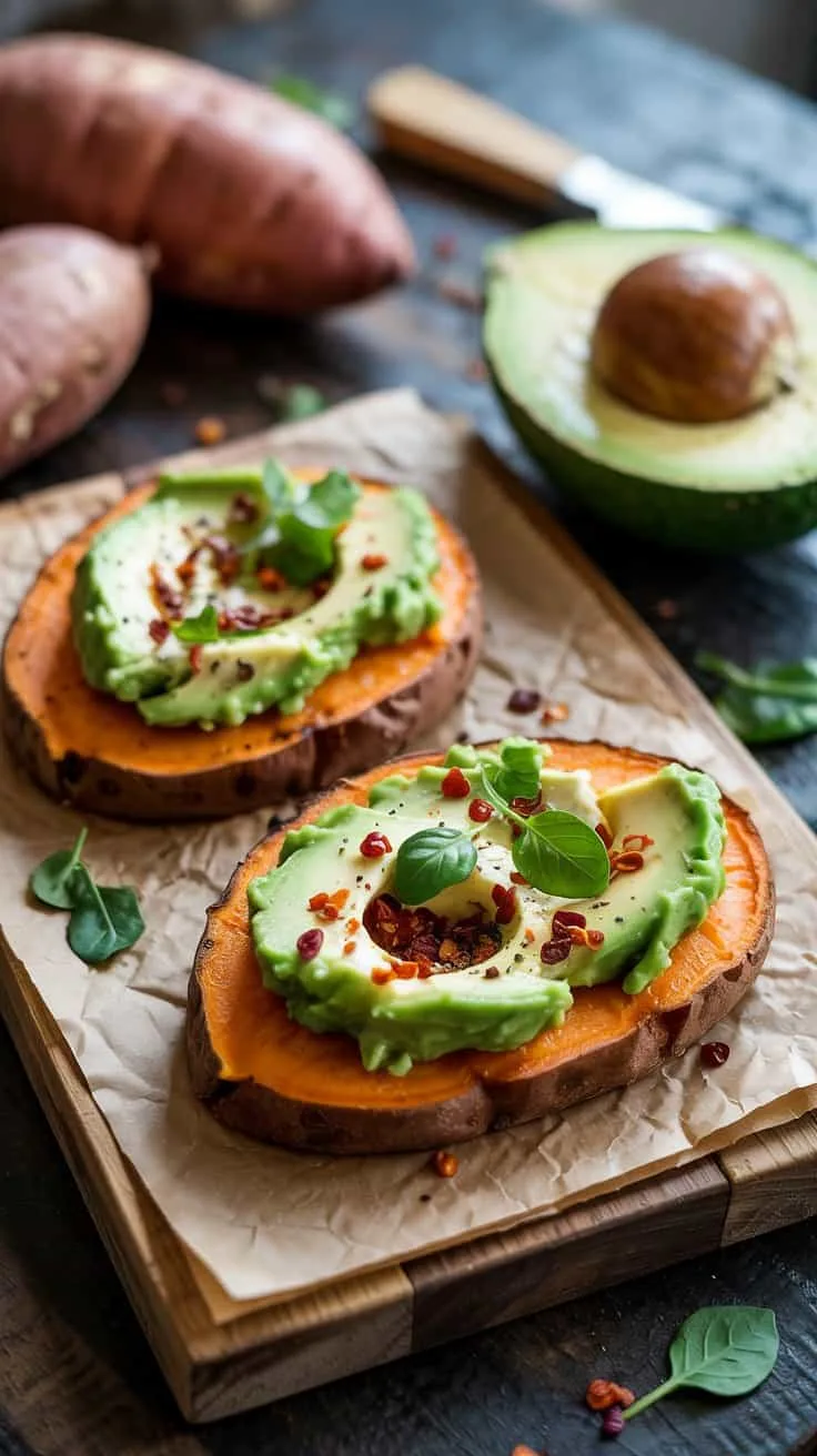 Sweet potato toast with avocado chili