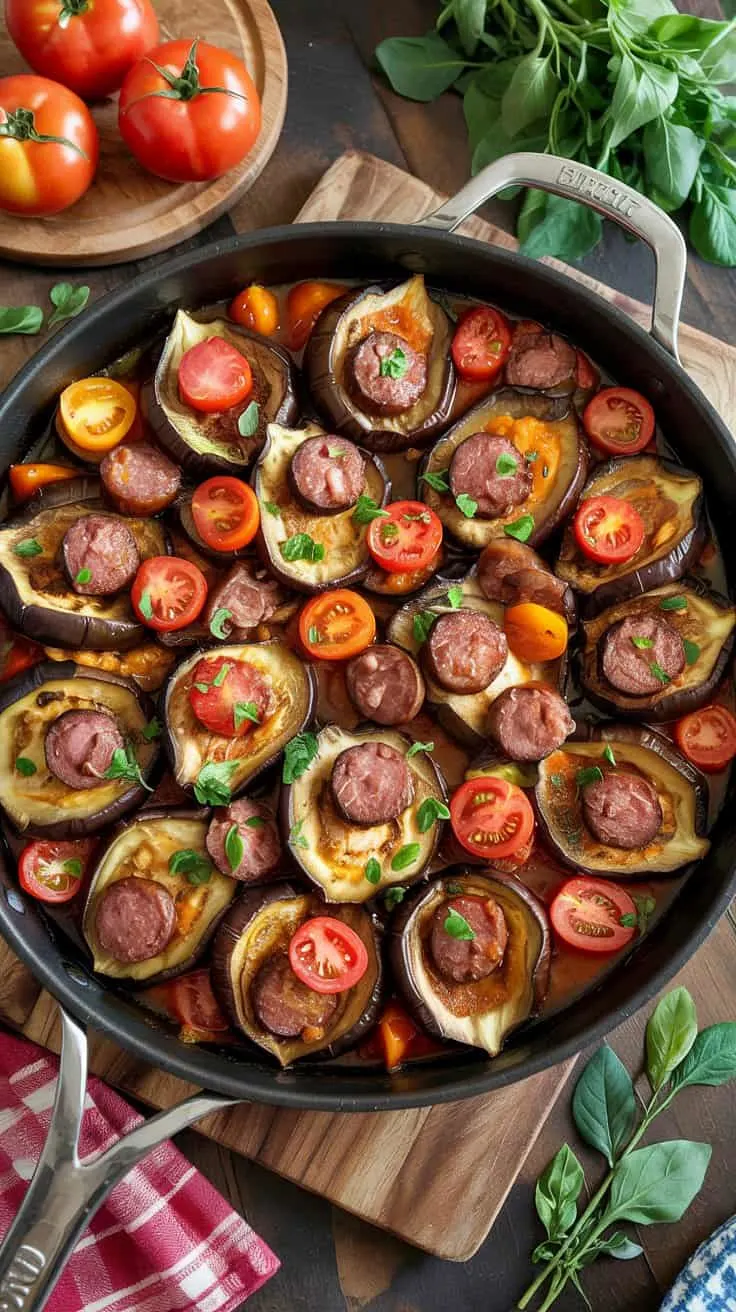 Eggplant tomato sausage skillet tende