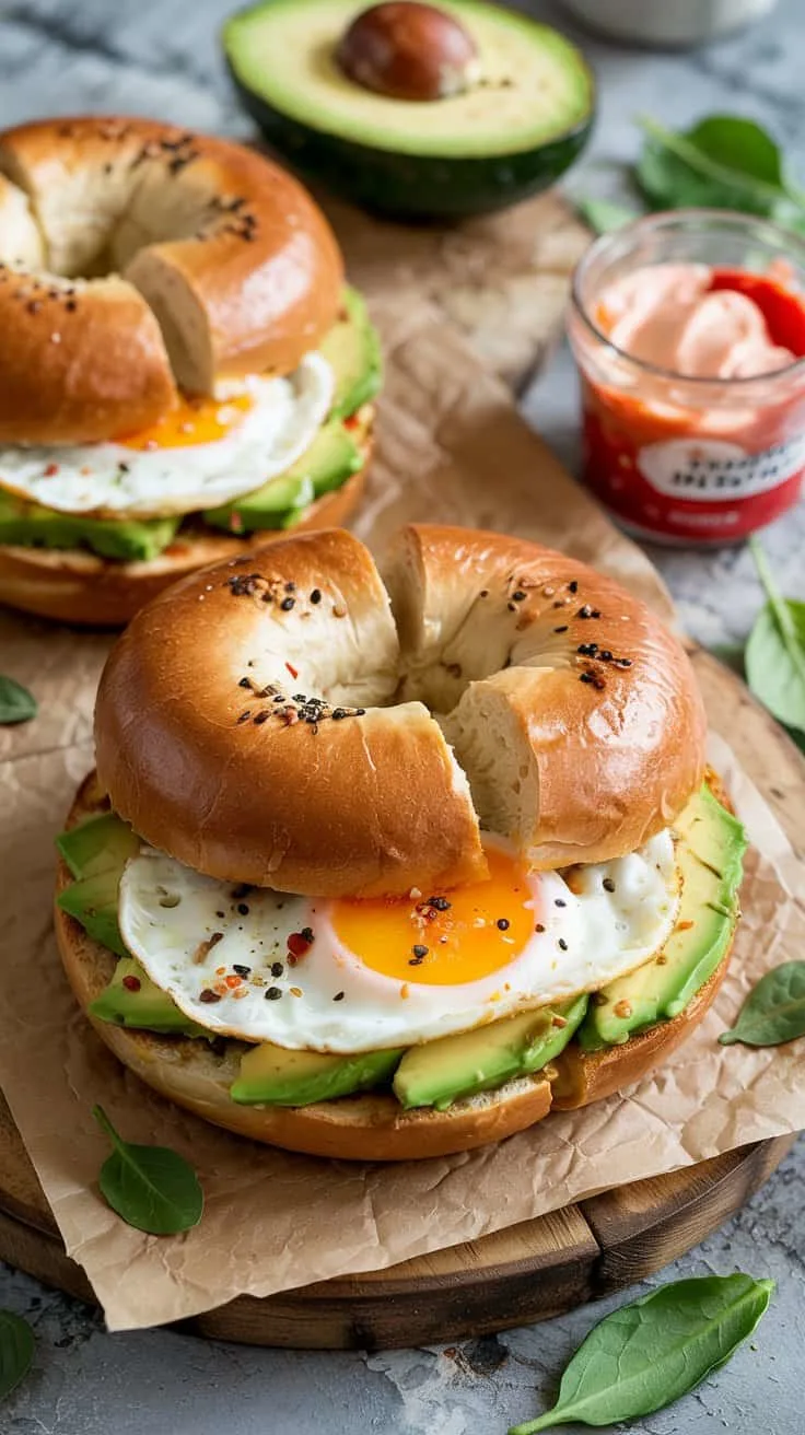 Avocado egg toasted bagel with srirach