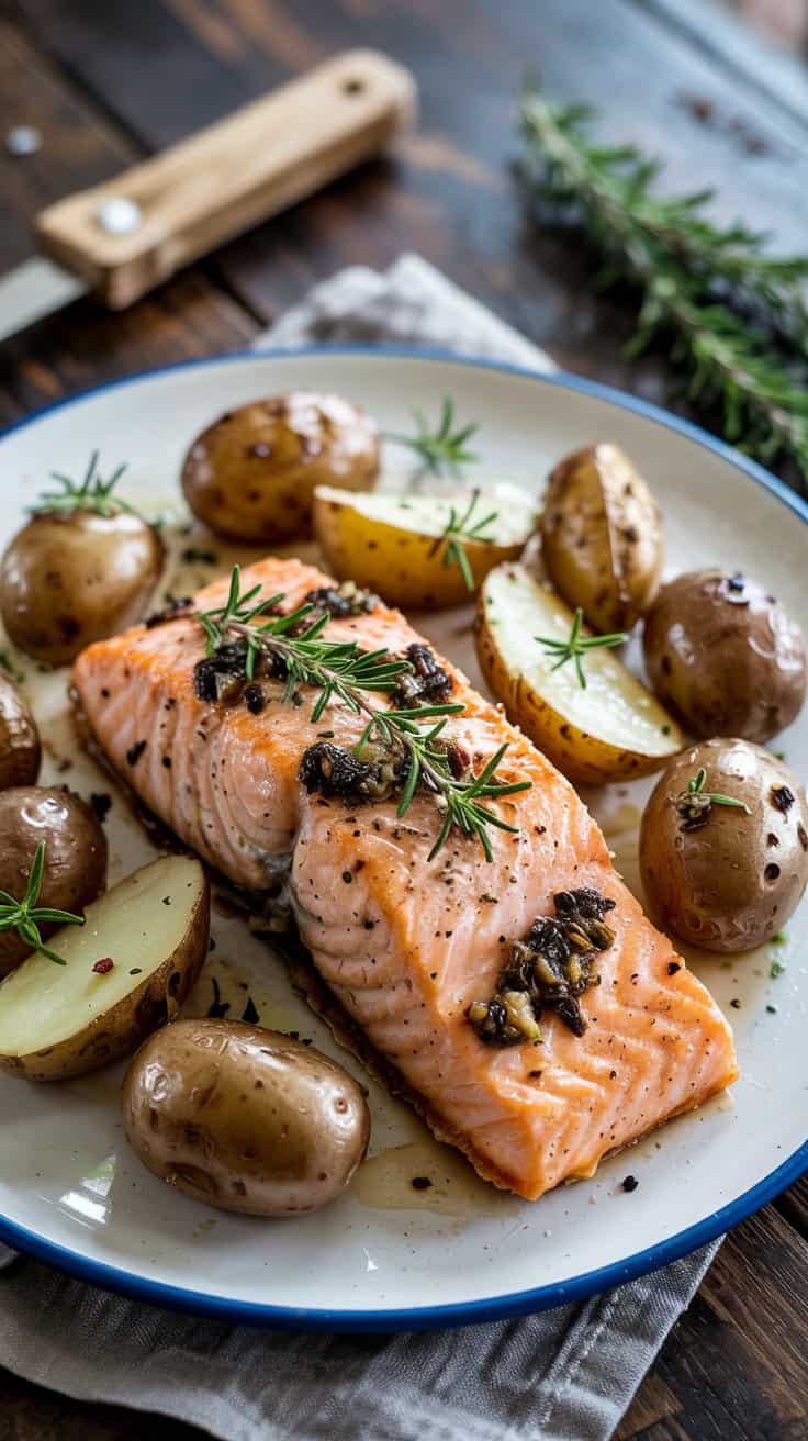 Garlic herb salmon and roasted baby po klsa