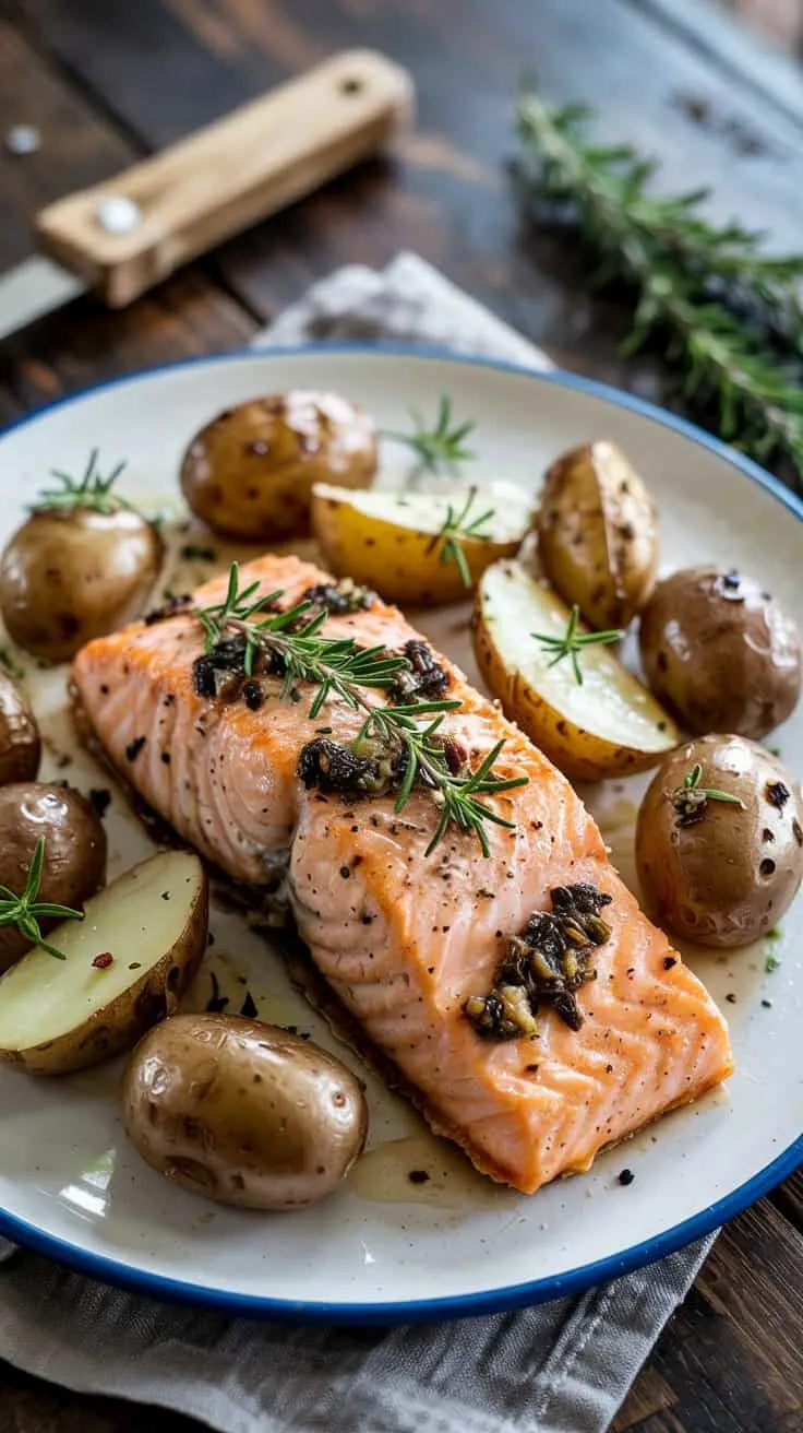 Garlic herb salmon and roasted baby po klsa