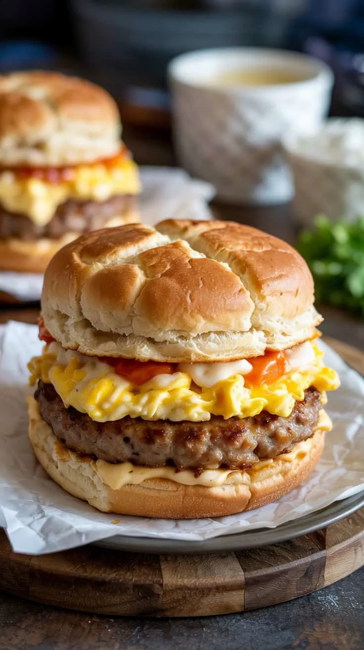 Sausage egg swiss biscuit sandwich thi bhcq