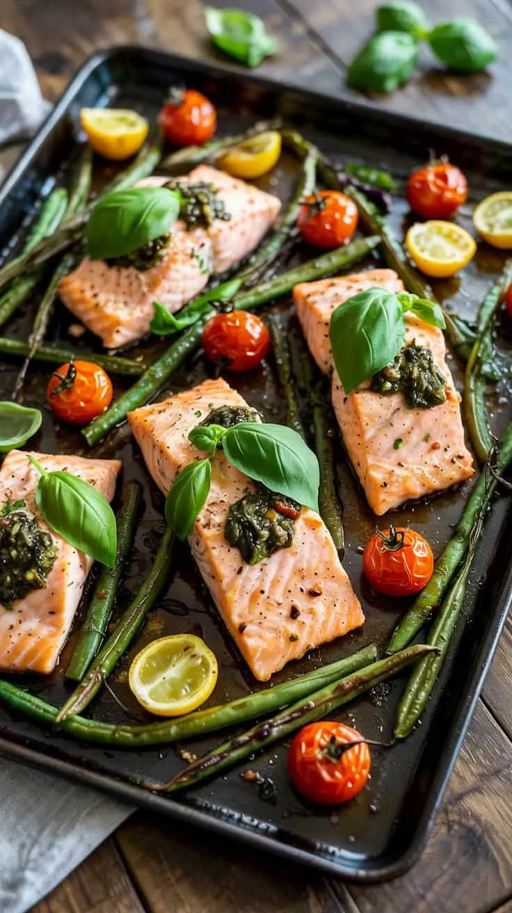 Sheet pan salmon with basil cherry tom gcw