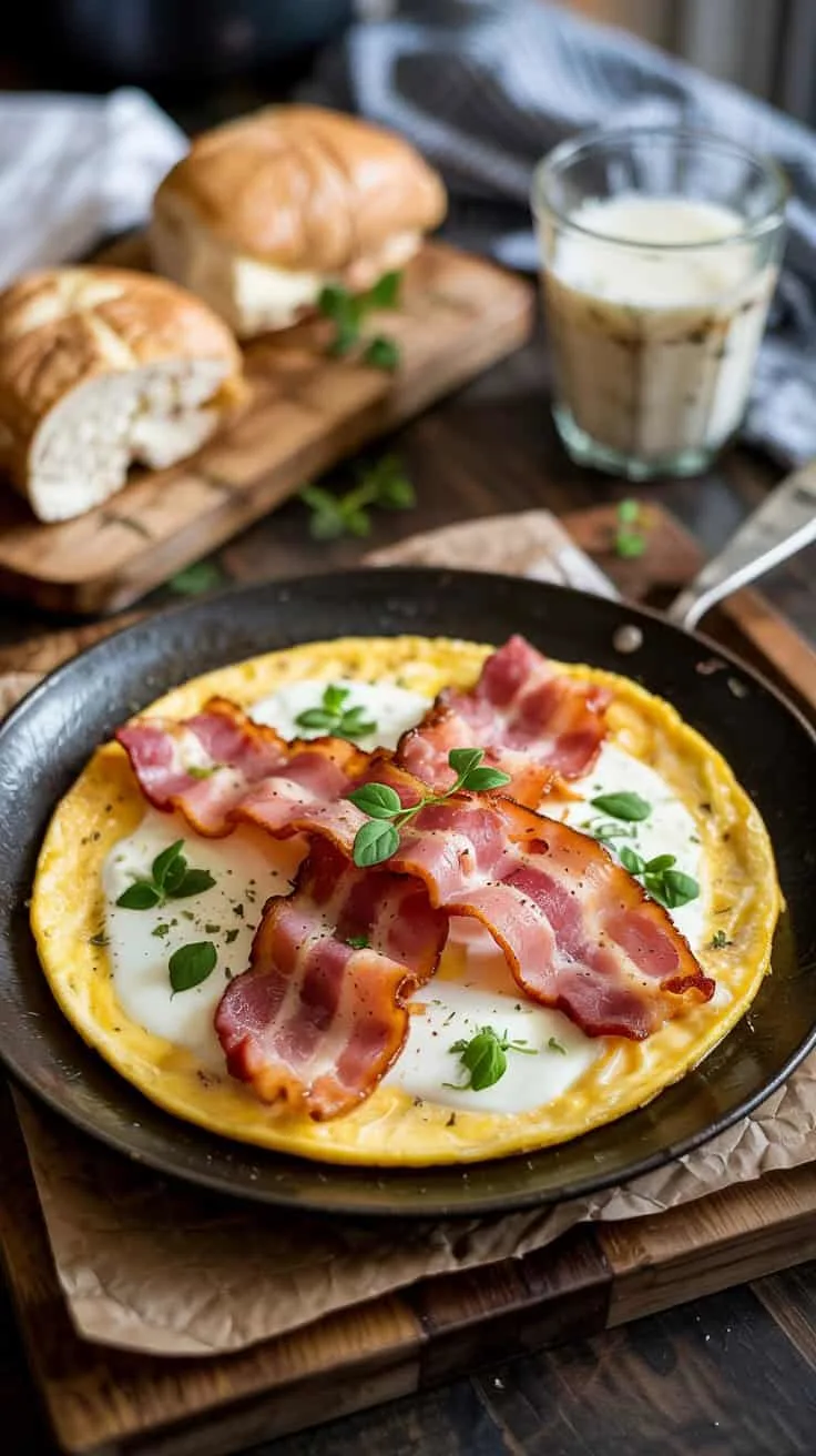 Keto breakfast omelette with bacon che