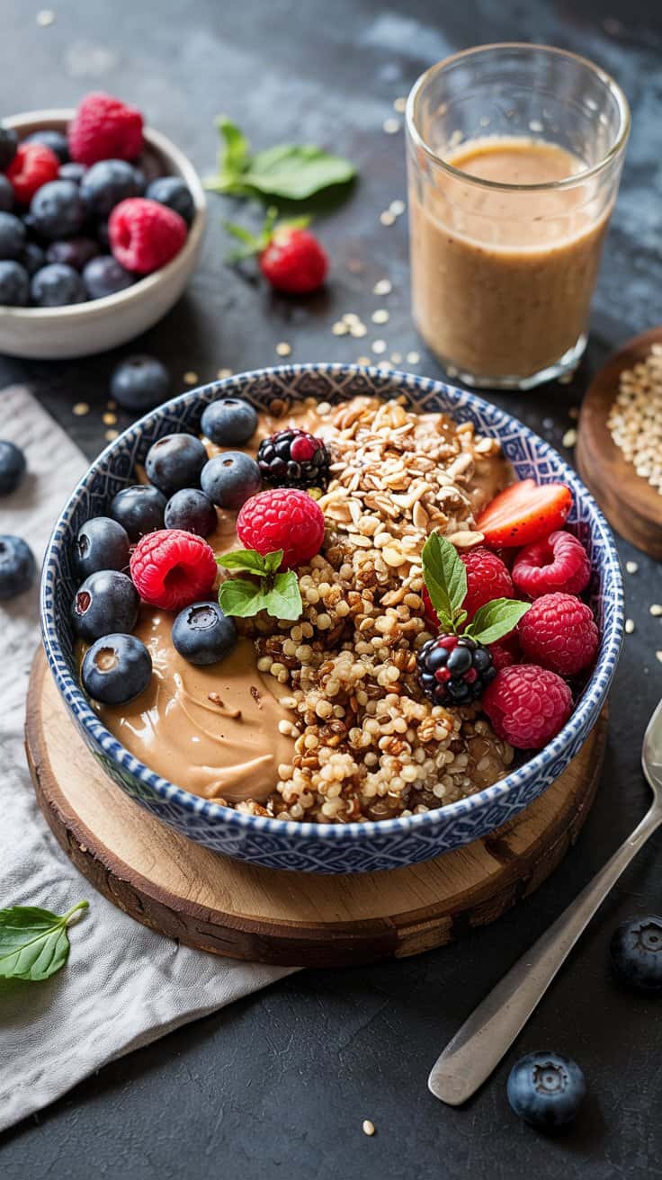 Quinoa breakfast bowl with almond butt dqi