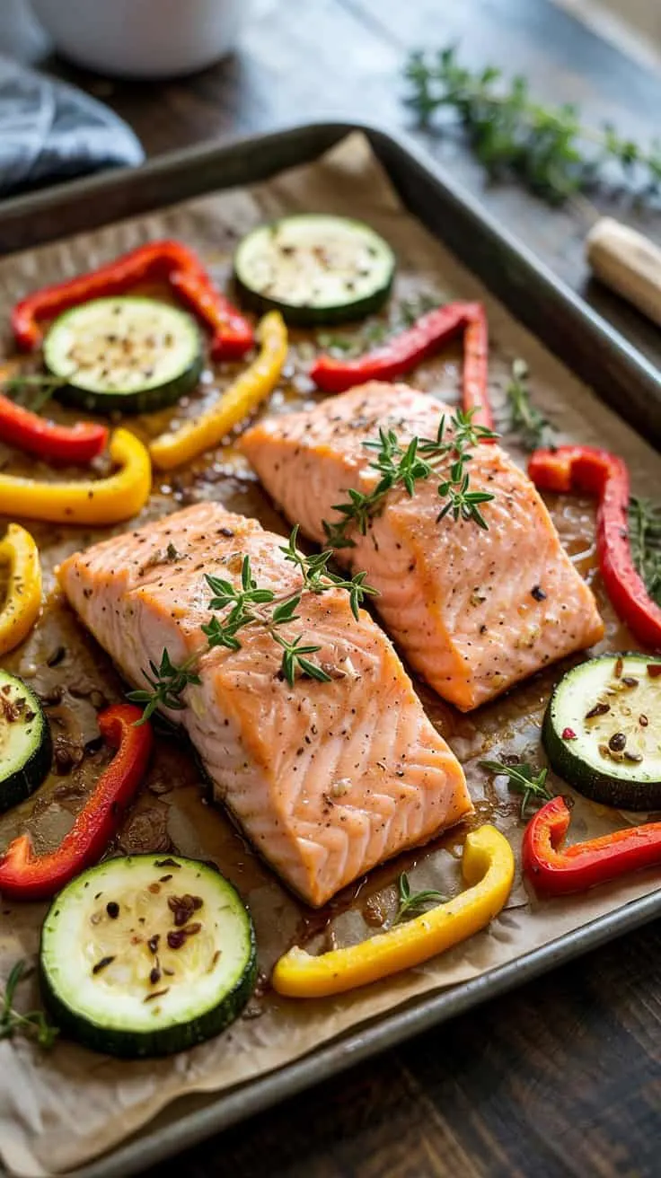 Thyme and garlic sheet pan salmon with q
