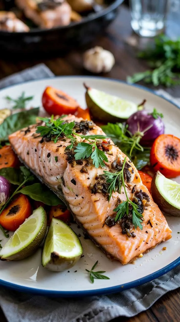 Herb crusted salmon with mixed roasted rmei2iy g