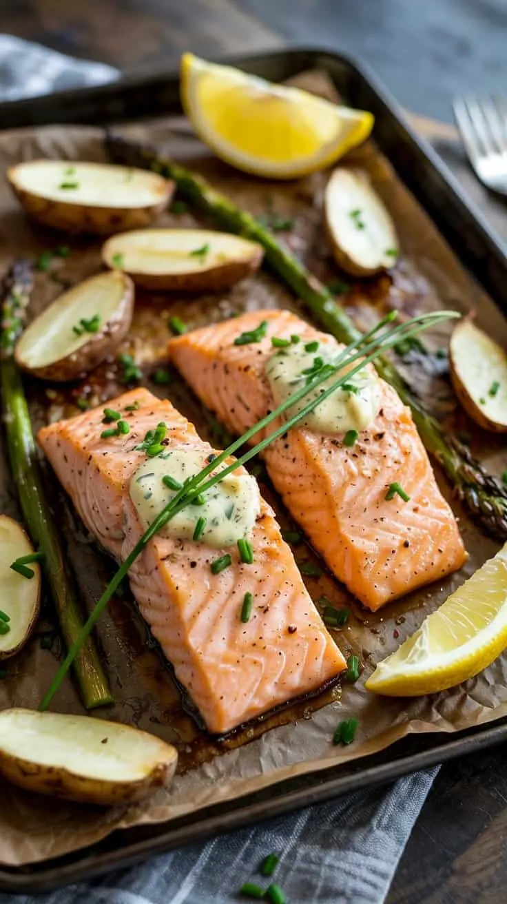 Sheet pan salmon with lemon and chive