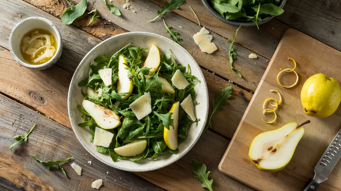 Arugula pear parmesan salad with lemon