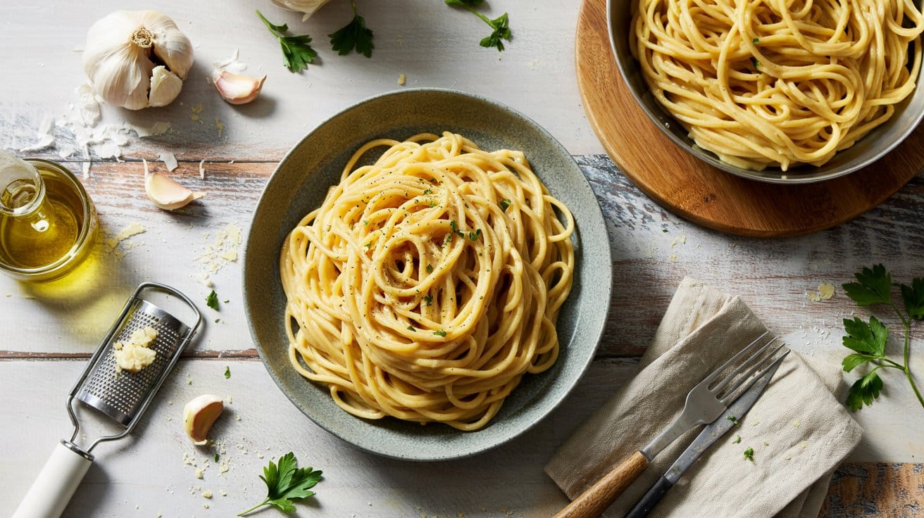 Creamy garlic vegan pasta a bright top