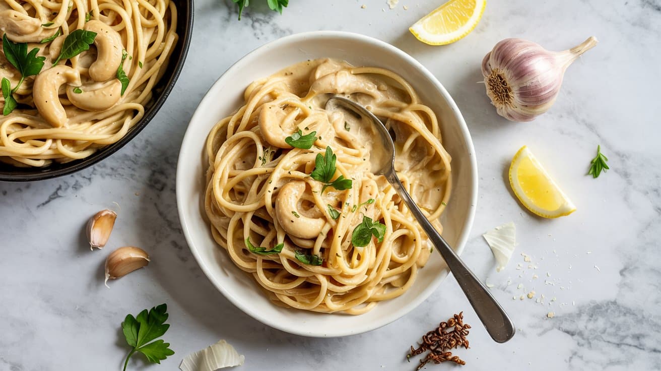 Creamy garlic vegan pasta with cashew j eprw q