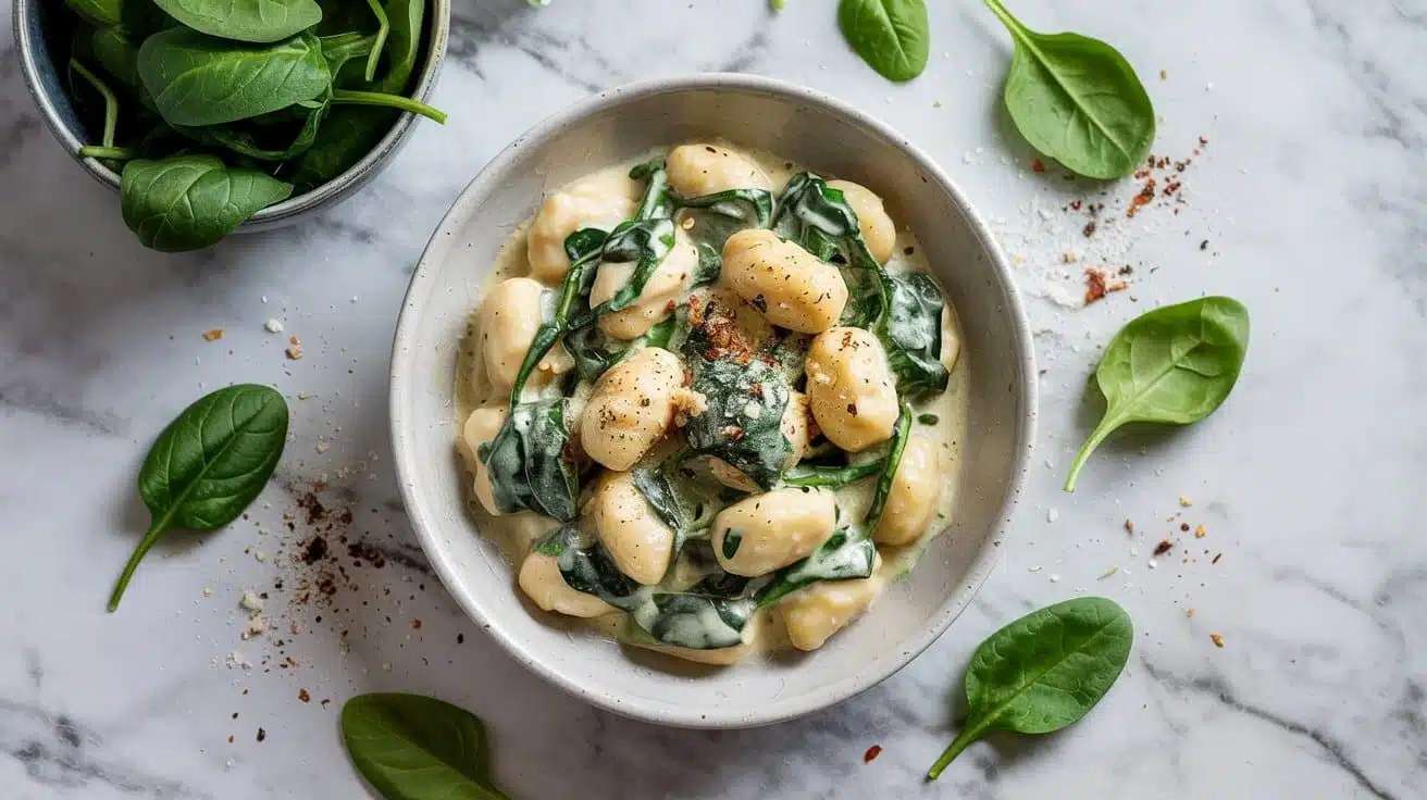 Creamy vegan gnocchi with spinach deli 2laxrqq xh h