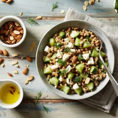 Farro salad with cucumber feta and toa