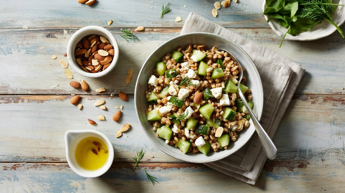 Farro salad with cucumber feta and toa