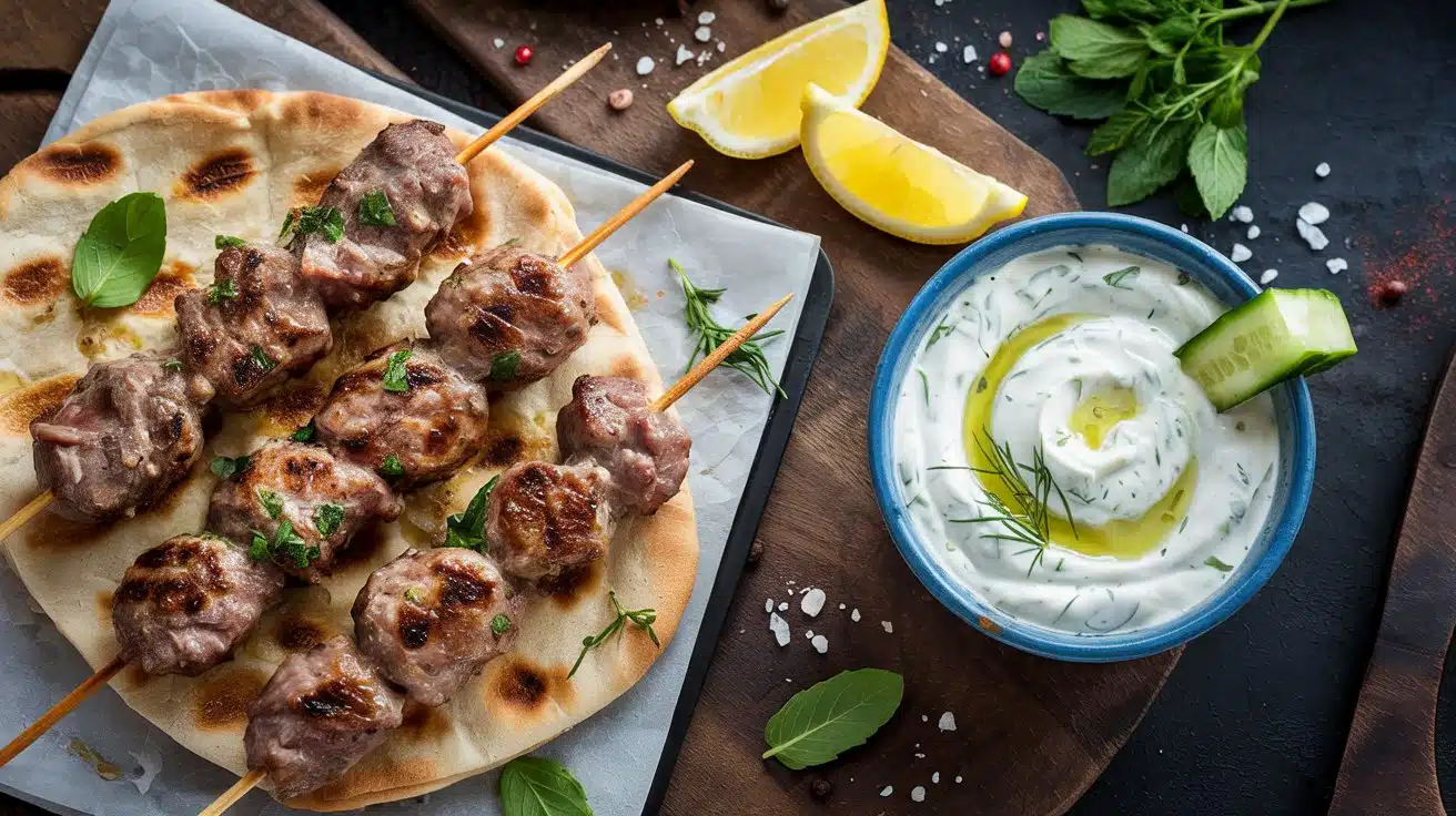 Greek lamb kofta skewers with tzatziki wklg