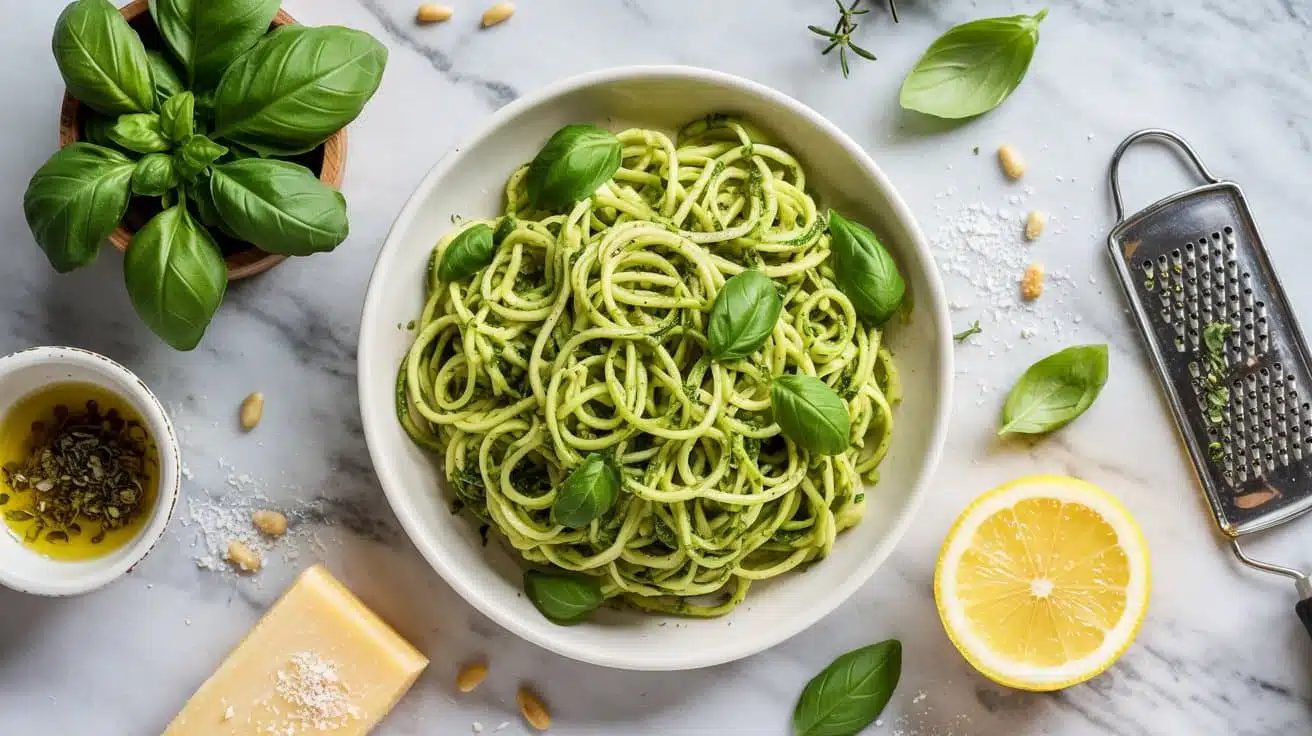 Pesto zucchini noodles with fresh herb